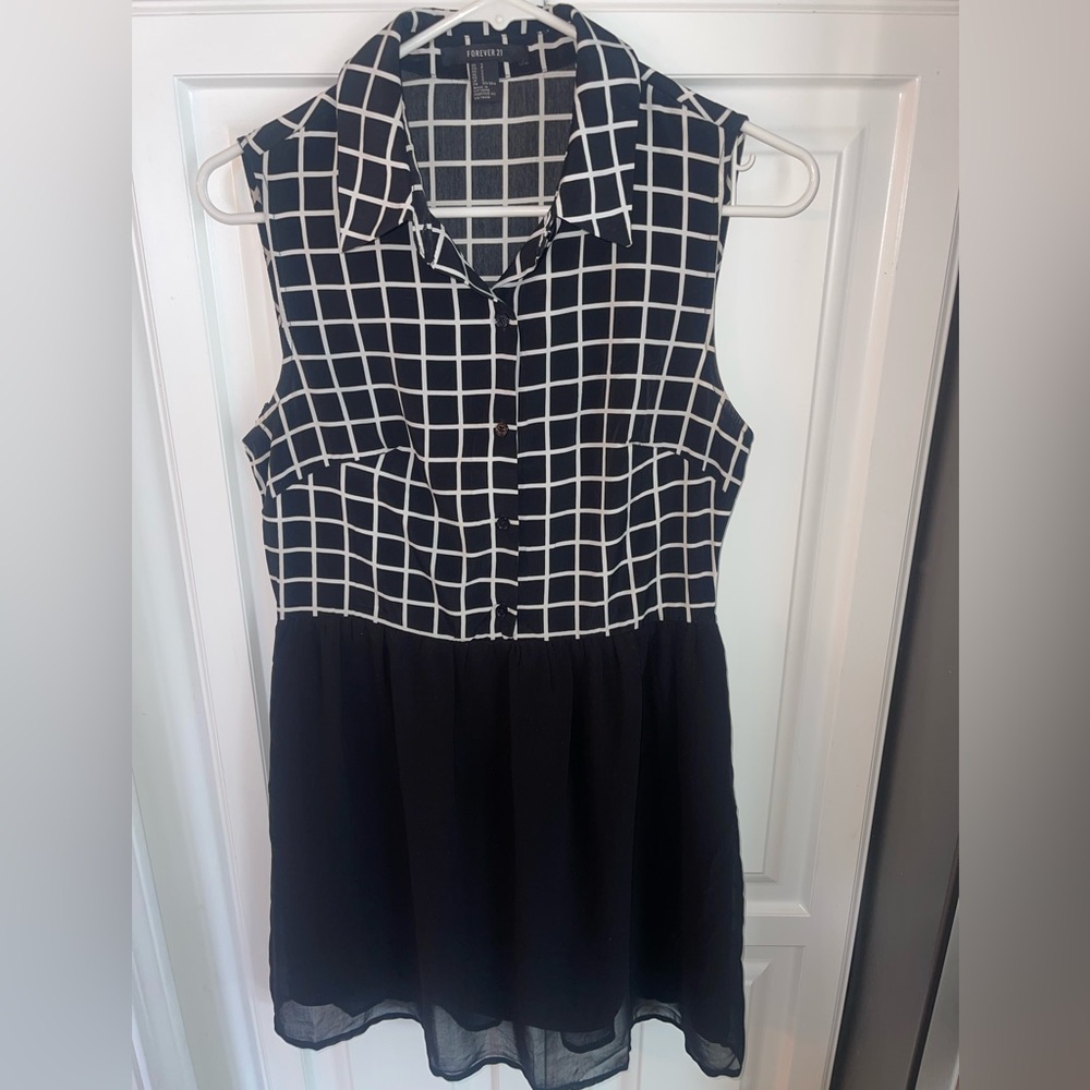 Forever 21 Sheer Black White Skater Dress Sz S‎ Sleeveless Plaid